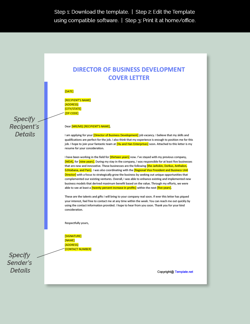 Director of Business Development Cover Letter Template