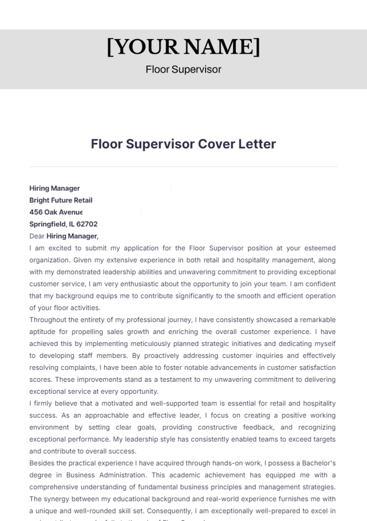 Floor Supervisor Cover Letter - Edit Online & Download