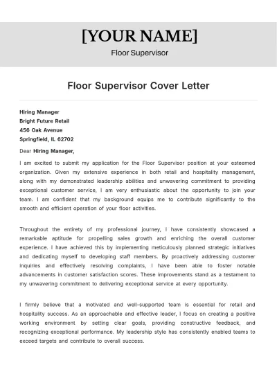 Free Floor Supervisor Cover Letter to Edit Online