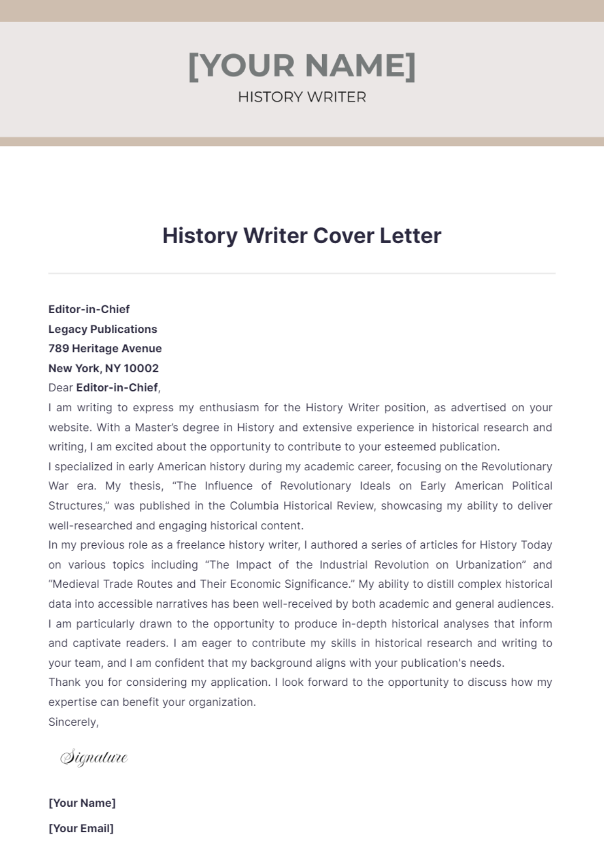 History Writer Cover Letter - Edit Online & Download