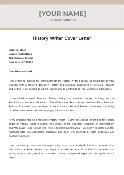 Free History Writer Cover Letter to Edit Online