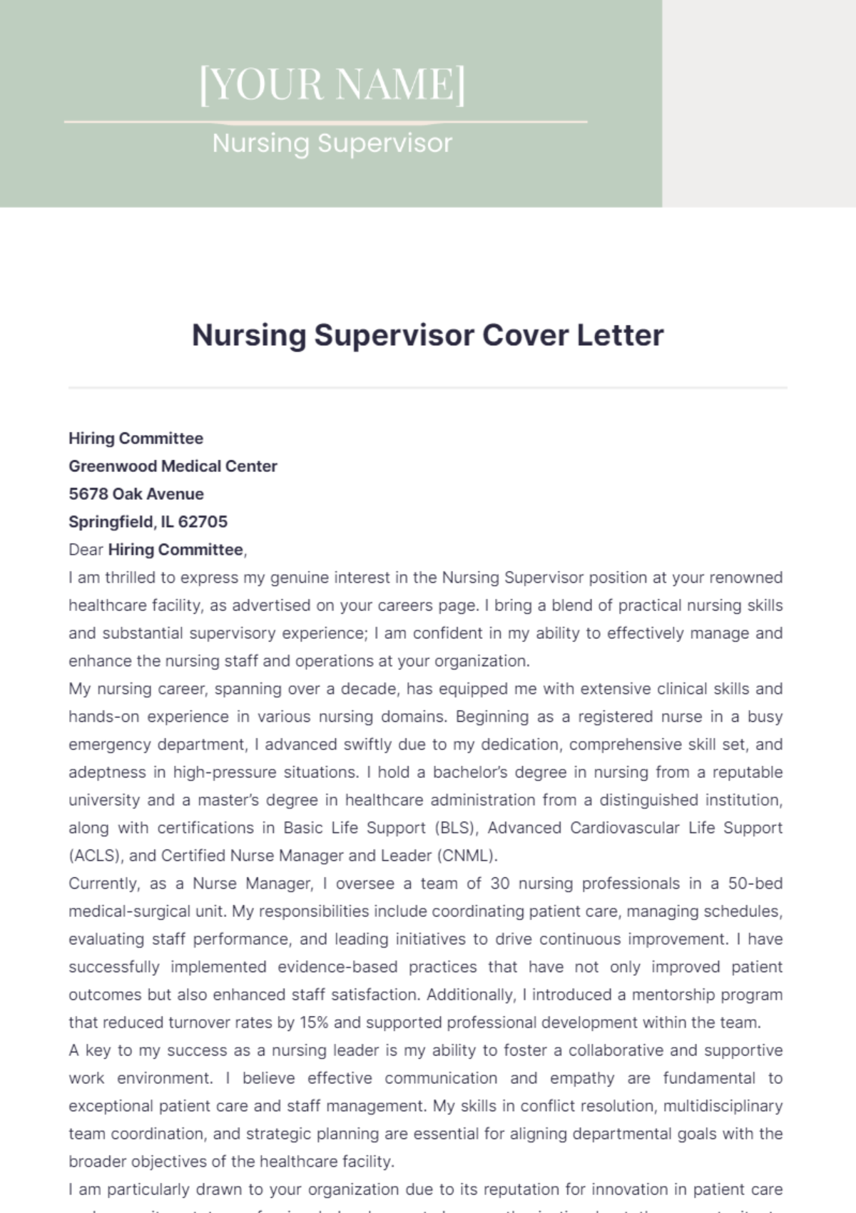 Nursing Supervisor Cover Letter - Edit Online & Download