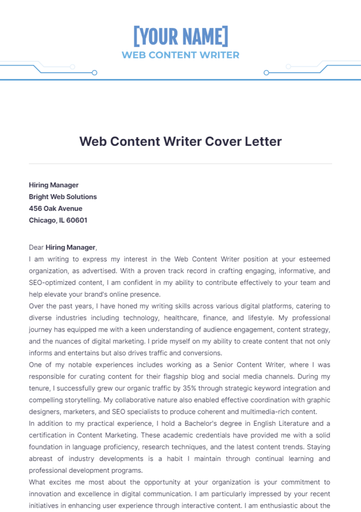 Web Content Writer Cover Letter - Edit Online & Download