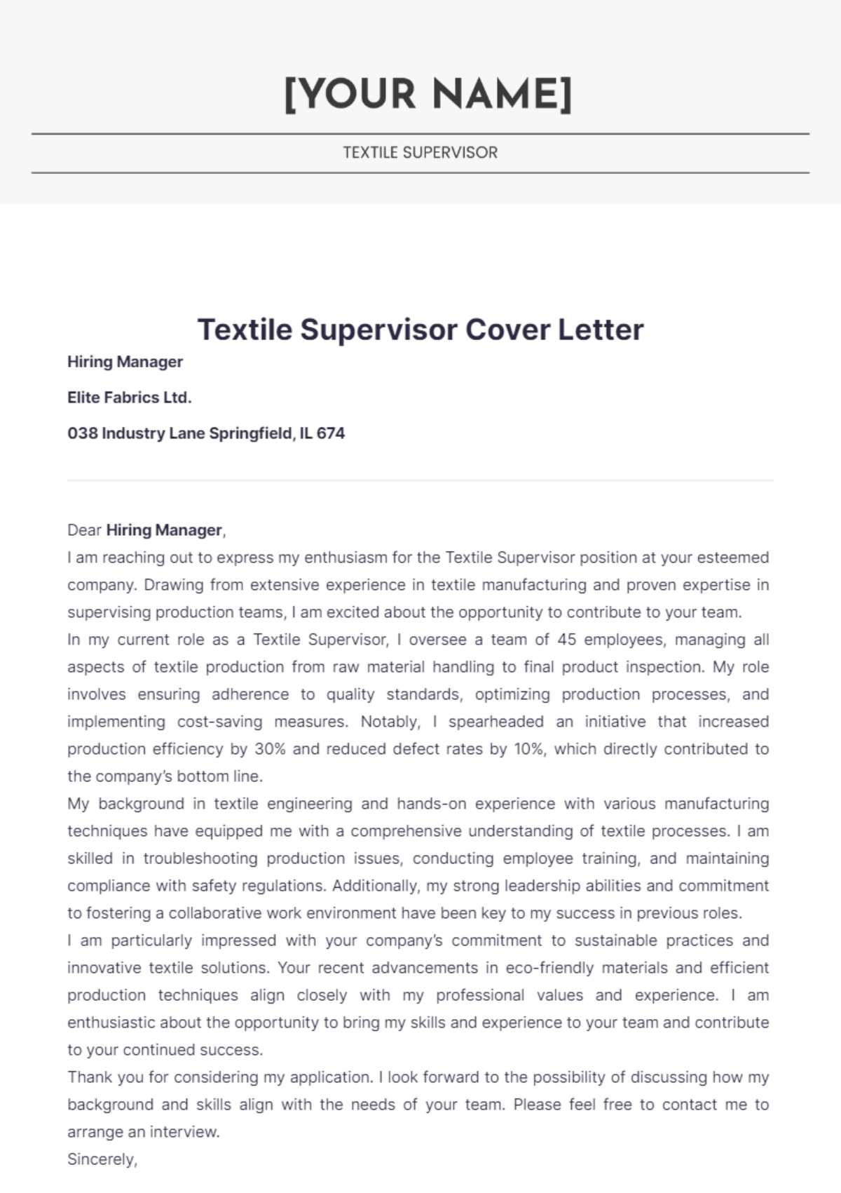 Textile Supervisor Cover Letter - Edit Online & Download