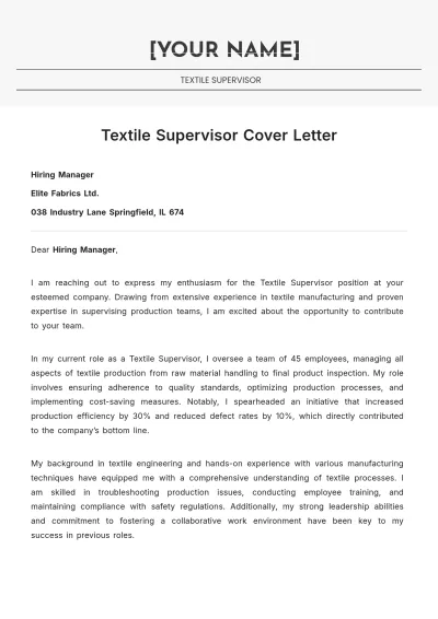 Free Textile Supervisor Cover Letter to Edit Online