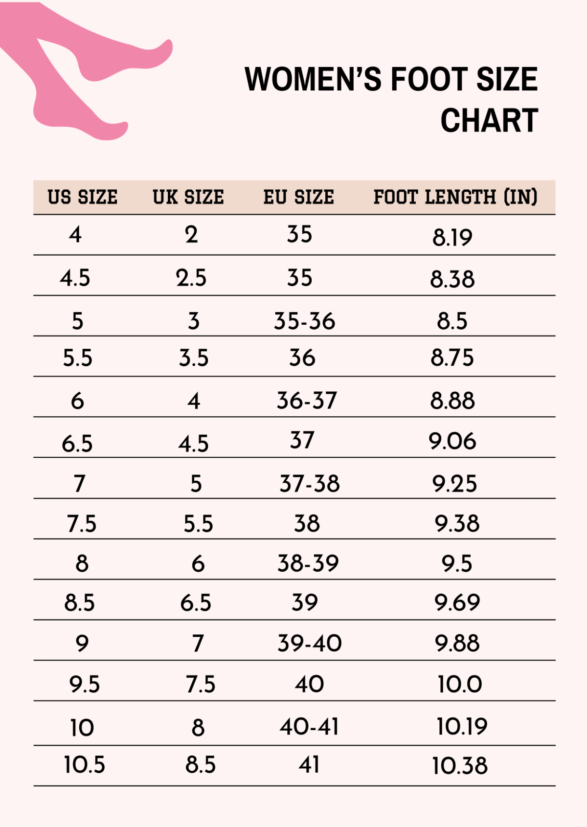Women Foot Size Chart