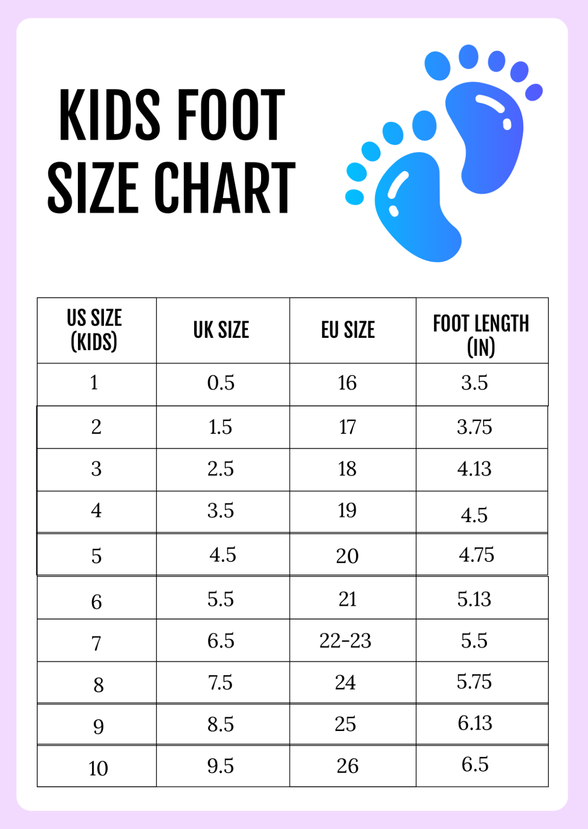 Kids Foot Size Chart