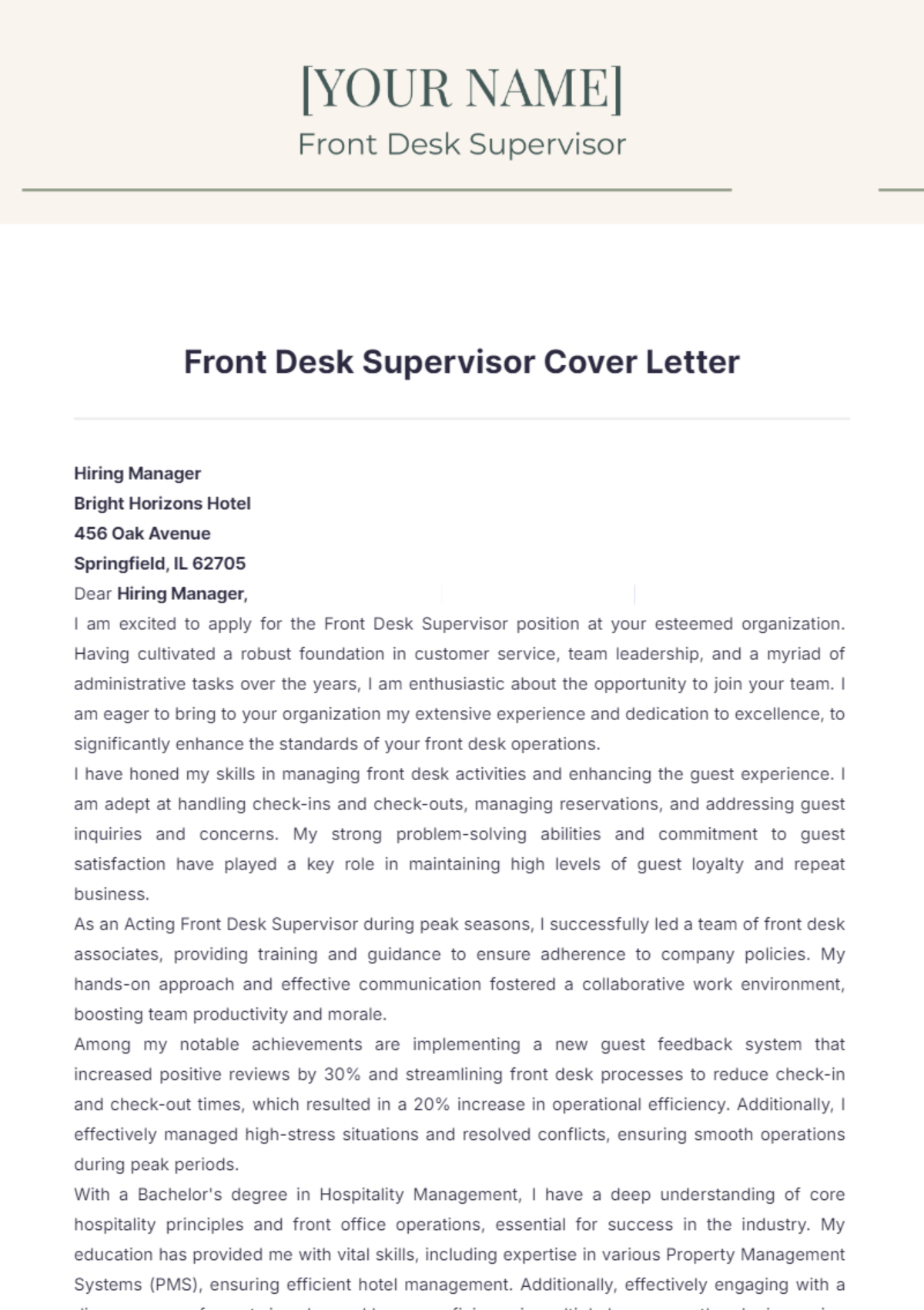 front desk supervisor cover letter