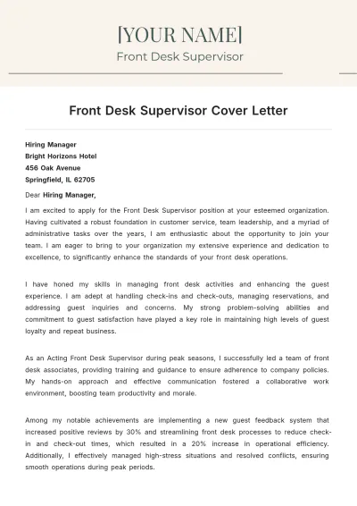 Free Front Desk Supervisor Cover Letter to Edit Online