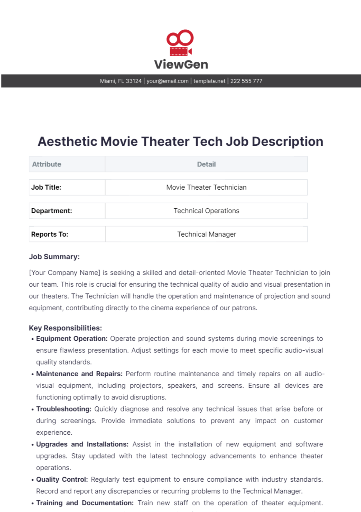 Aesthetic Movie Theater Tech Job Description Template - Edit Online & Download