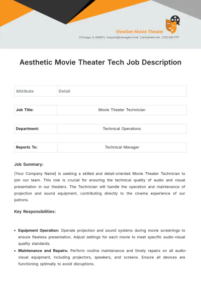 Free Aesthetic Movie Theater Tech Job Description Template to Edit Online