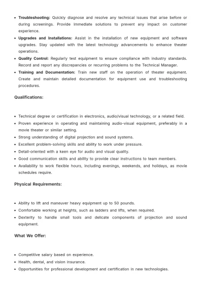 Free Aesthetic Movie Theater Tech Job Description Template to Edit Online