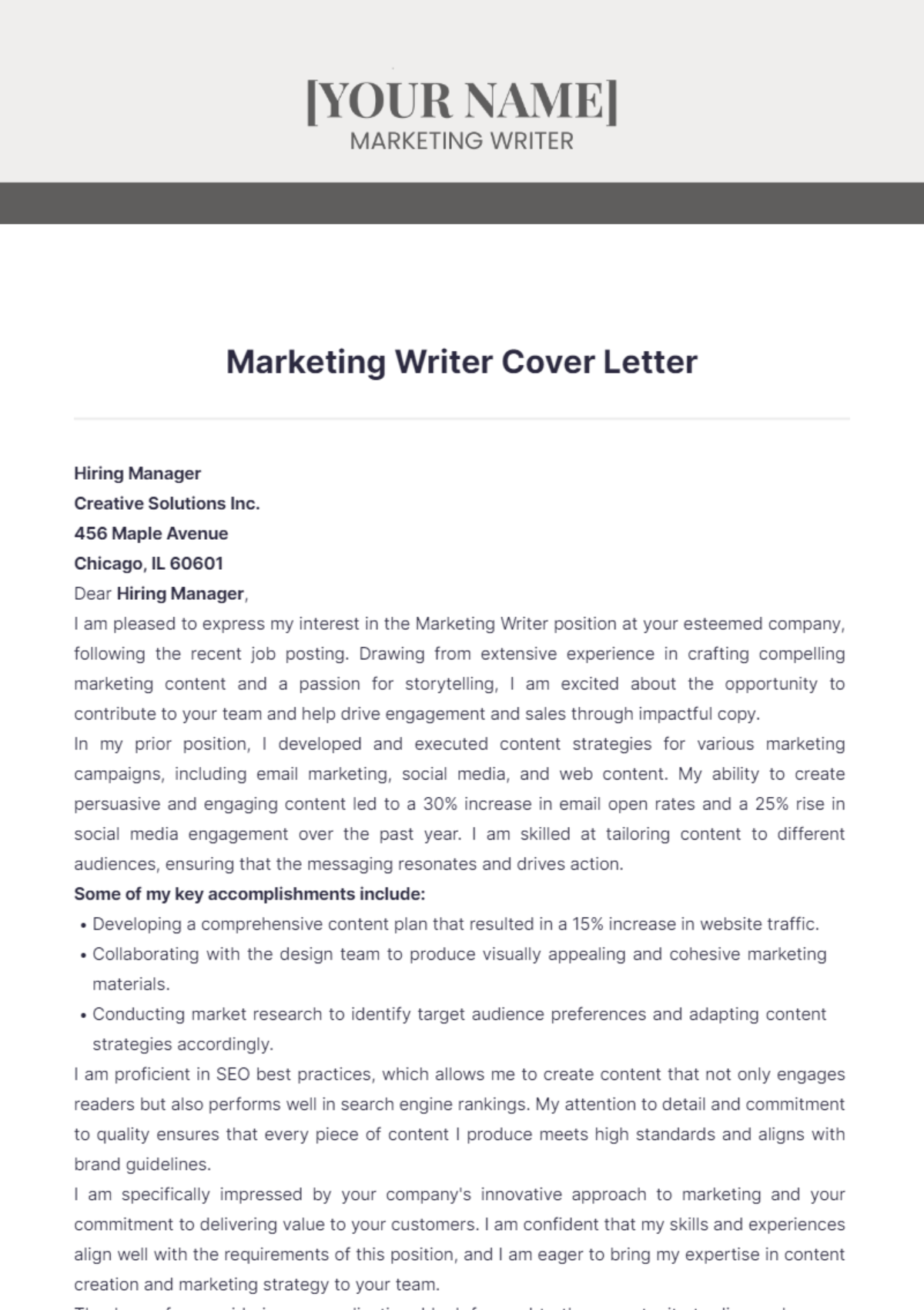 Marketing Writer Cover Letter - Edit Online & Download