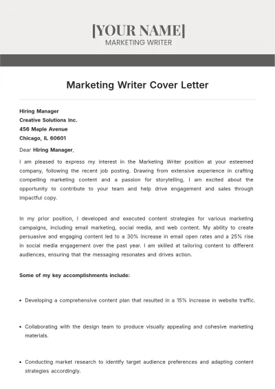 Free Marketing Writer Cover Letter to Edit Online