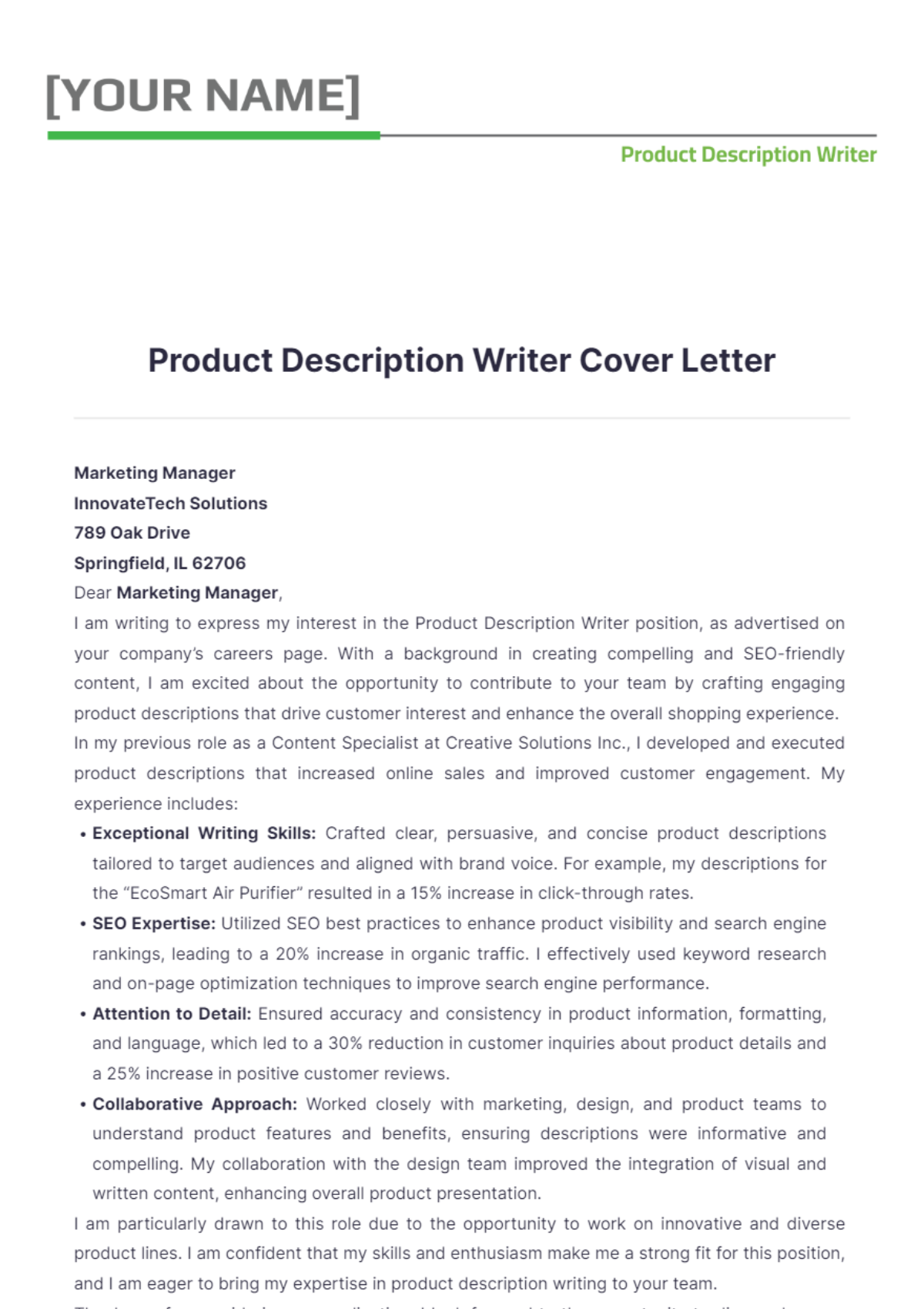 Product Description Writer Cover Letter - Edit Online & Download