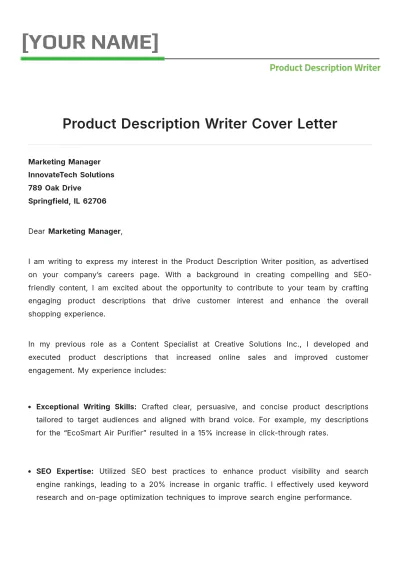 Free Product Description Writer Cover Letter to Edit Online