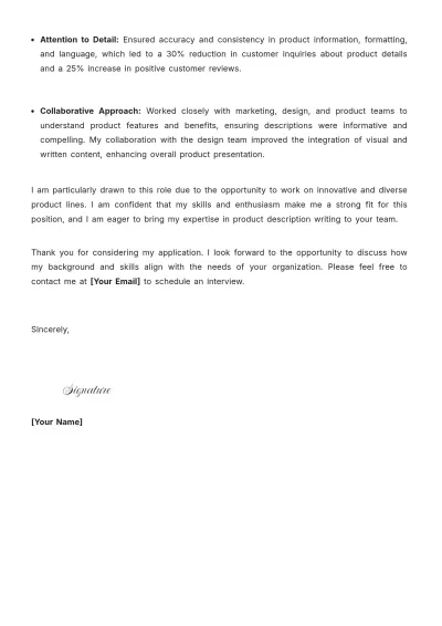 Free Product Description Writer Cover Letter to Edit Online