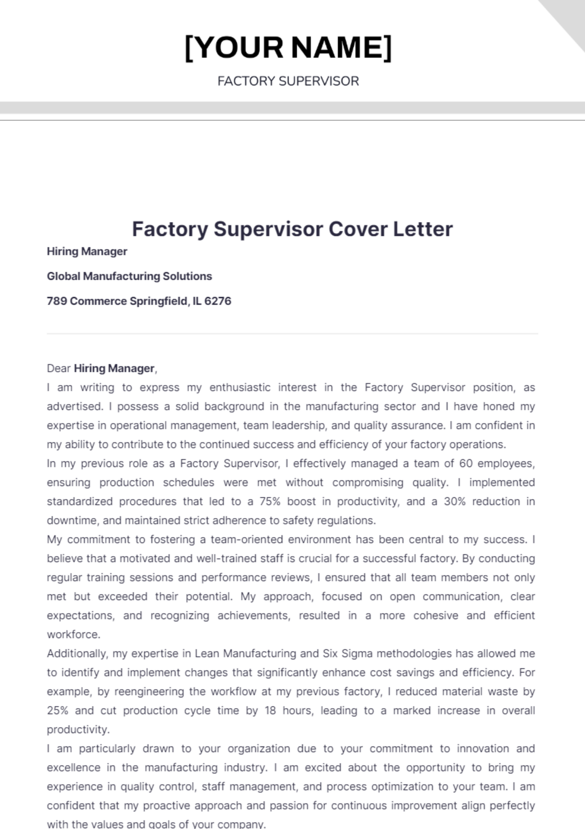 Factory Supervisor Cover Letter - Edit Online & Download