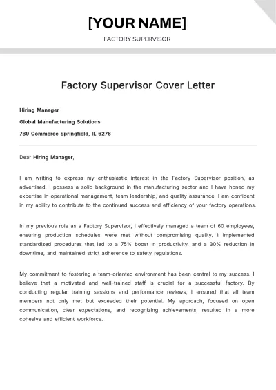 Free Factory Supervisor Cover Letter to Edit Online
