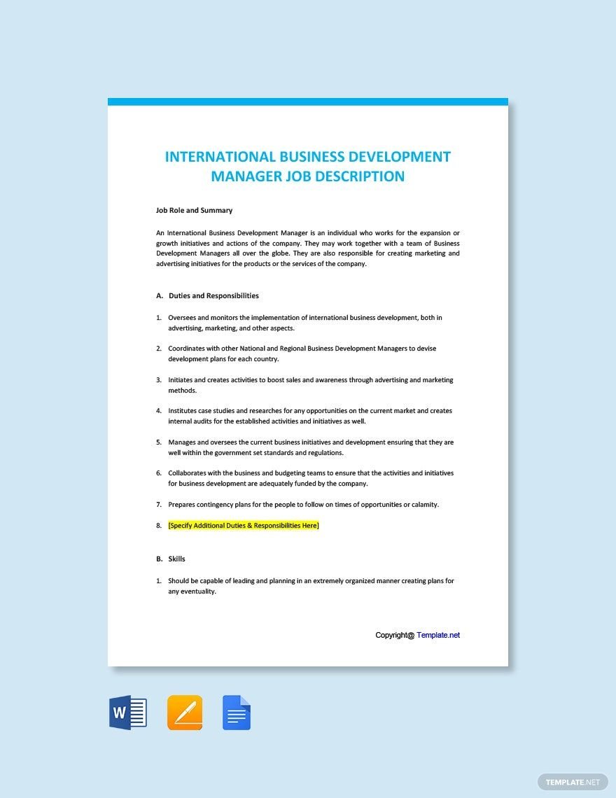 International Business Development Manager Job Ad/Description Template