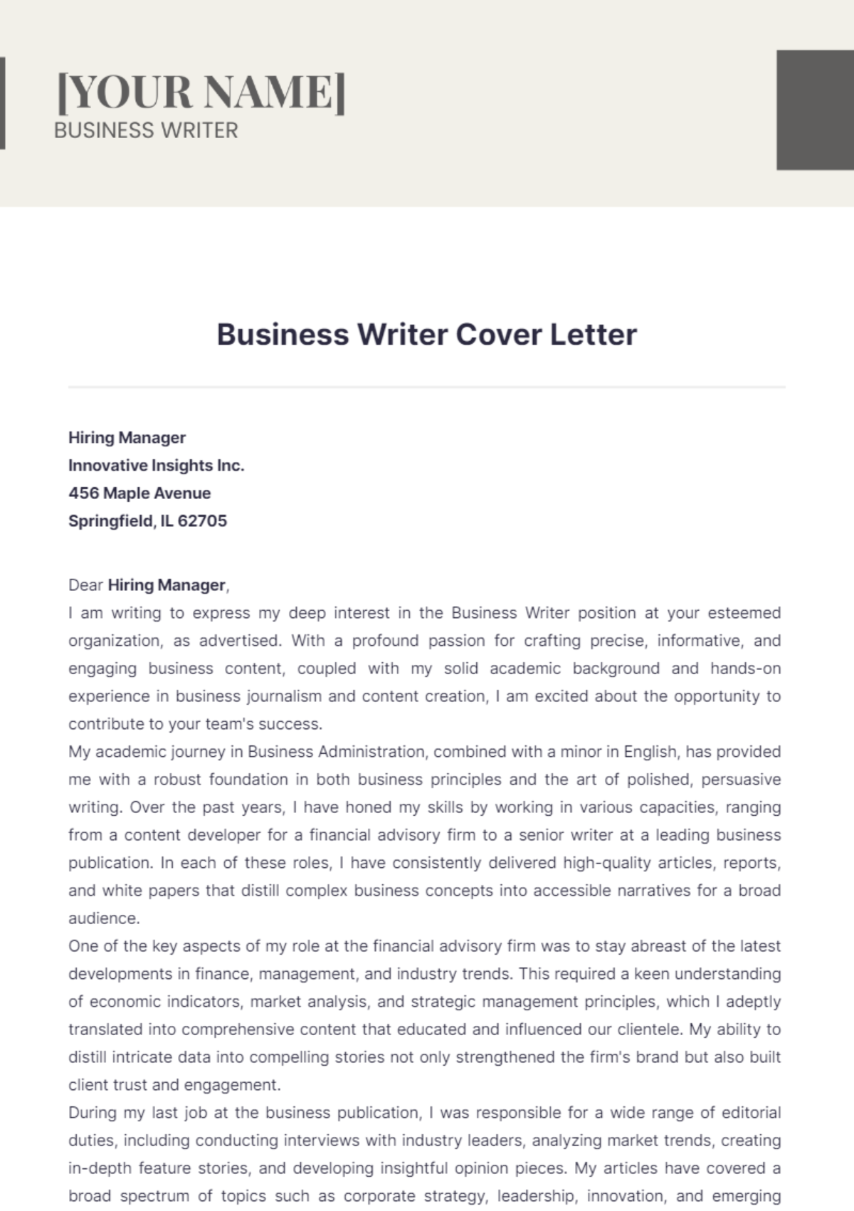 Business Writer Cover Letter - Edit Online & Download