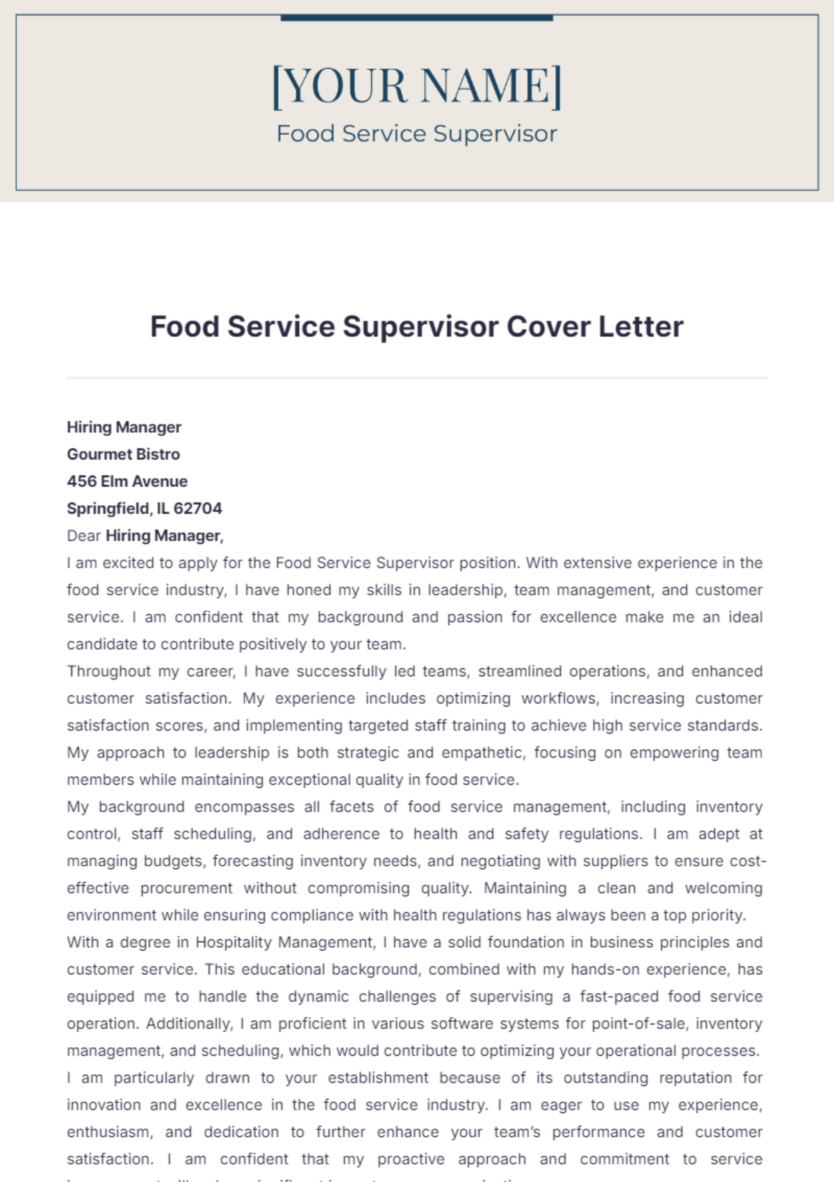 Food Service Supervisor Cover Letter - Edit Online & Download