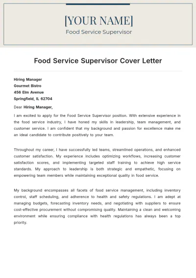 Free Food Service Supervisor Cover Letter to Edit Online