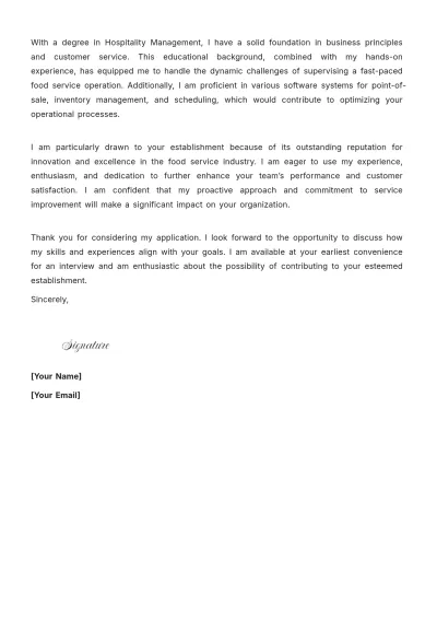 Free Food Service Supervisor Cover Letter to Edit Online
