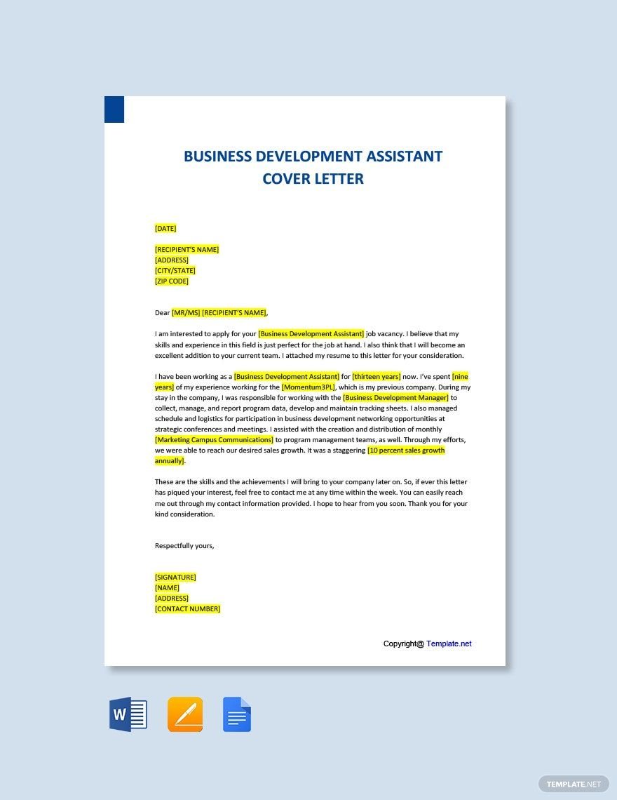 Business Development Assistant Cover Letter Template