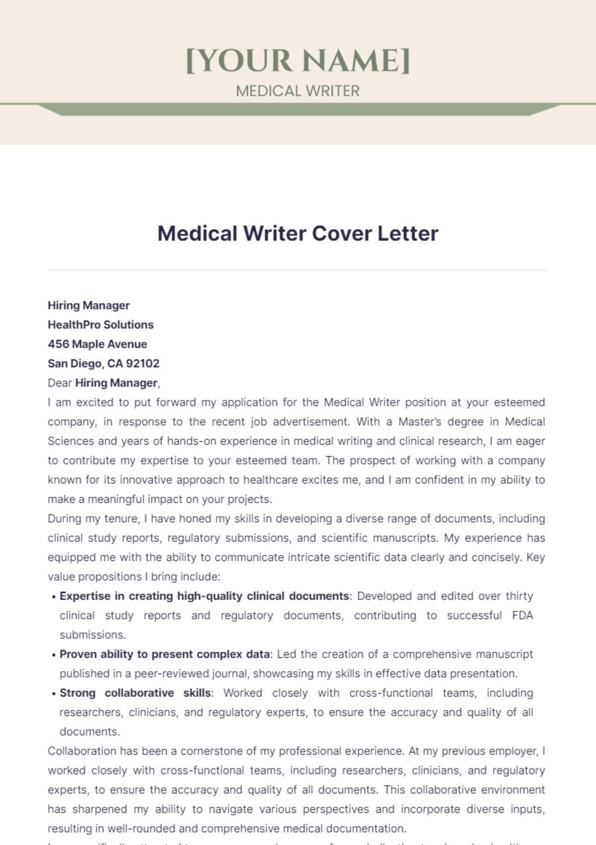 cover letter medical writer