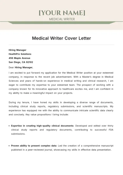 Free Medical Writer Cover Letter to Edit Online