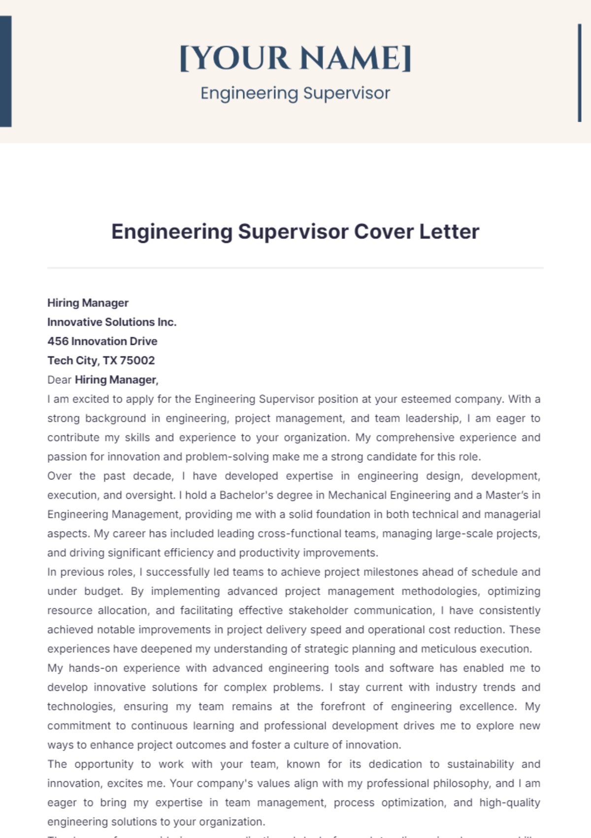 Engineering Supervisor Cover Letter - Edit Online & Download