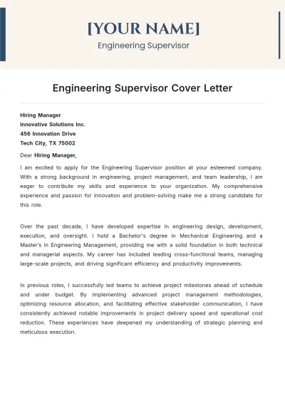 Free Engineering Supervisor Cover Letter to Edit Online