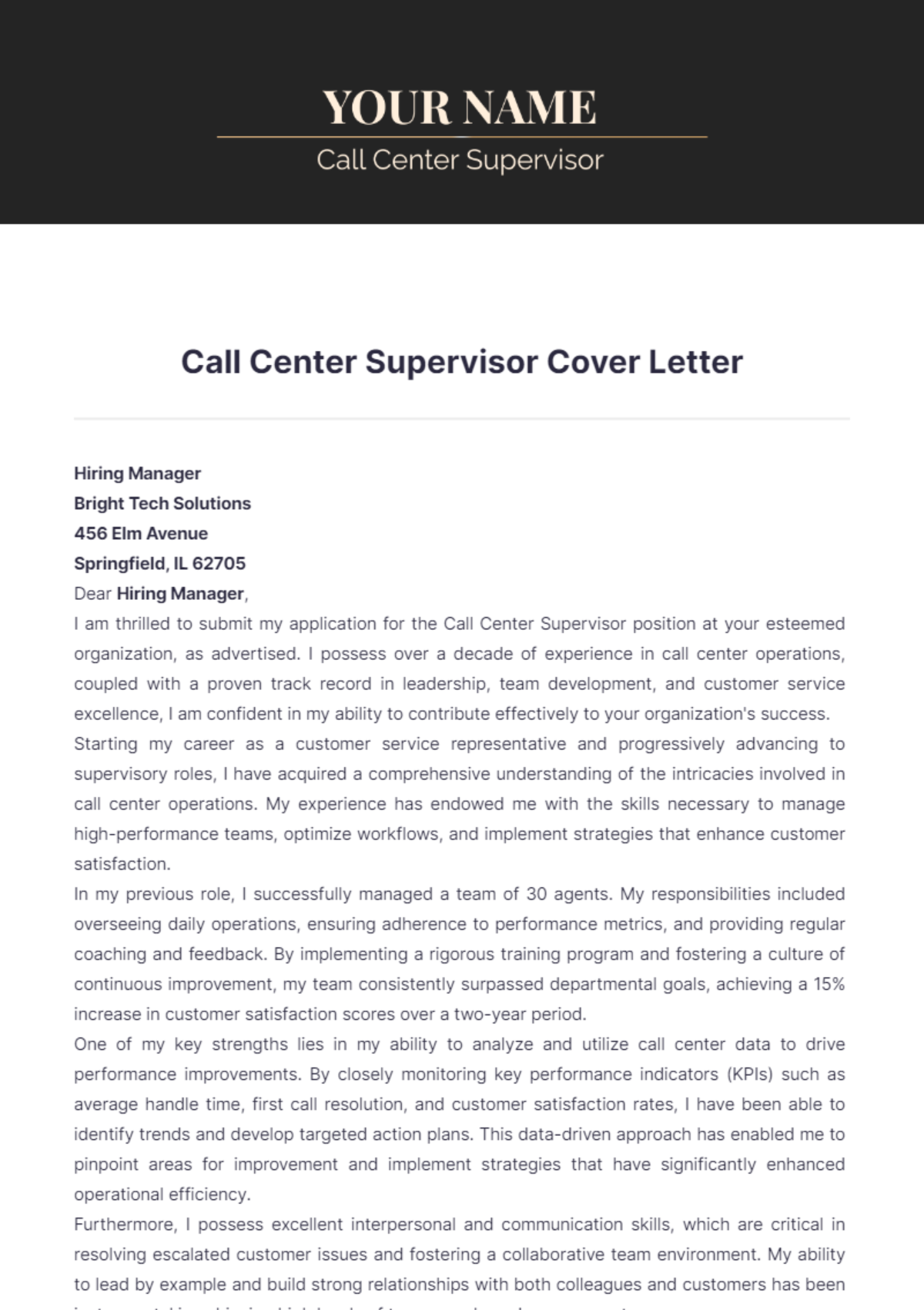 Call Center Supervisor Cover Letter Edit Online And Download Example 