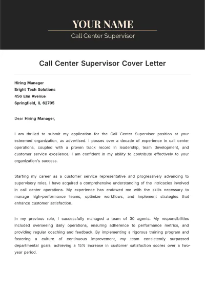 Free Call Center Supervisor Cover Letter to Edit Online