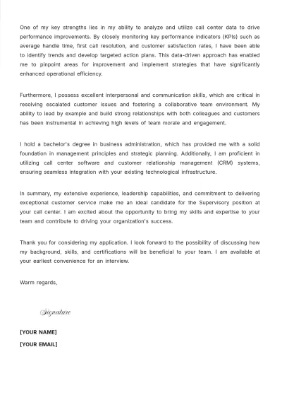 Free Call Center Supervisor Cover Letter to Edit Online