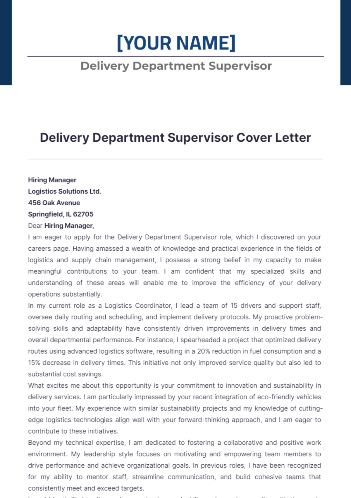 Free Delivery Department Supervisor Cover Letter Template