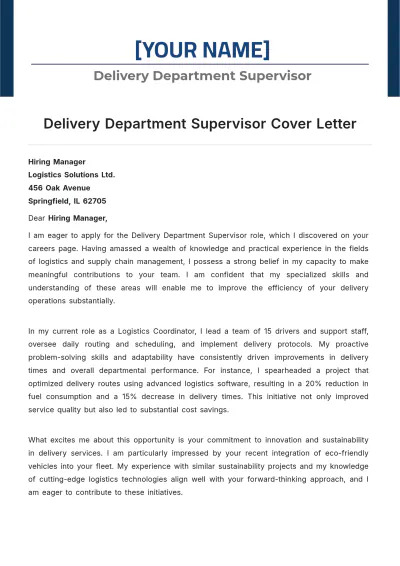 Free Delivery Department Supervisor Cover Letter to Edit Online