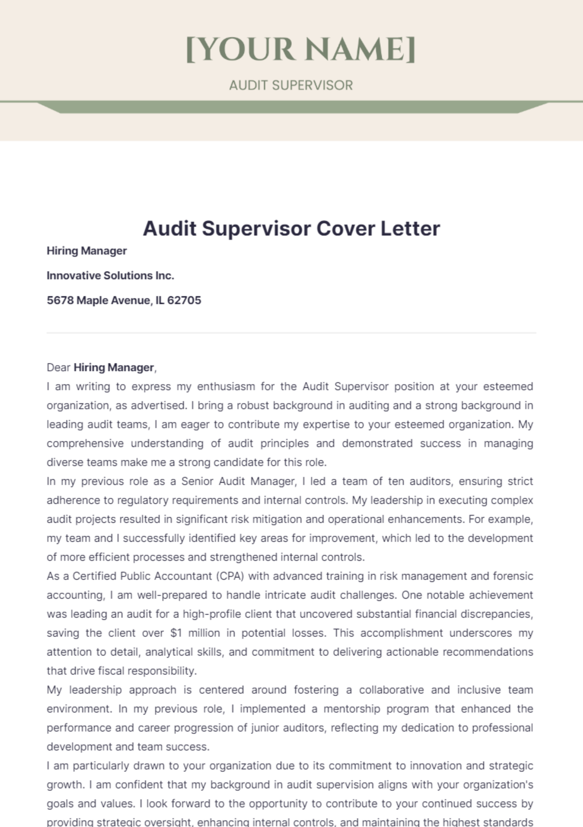 Audit Supervisor Cover Letter - Edit Online & Download