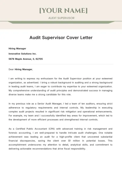 Free Audit Supervisor Cover Letter to Edit Online