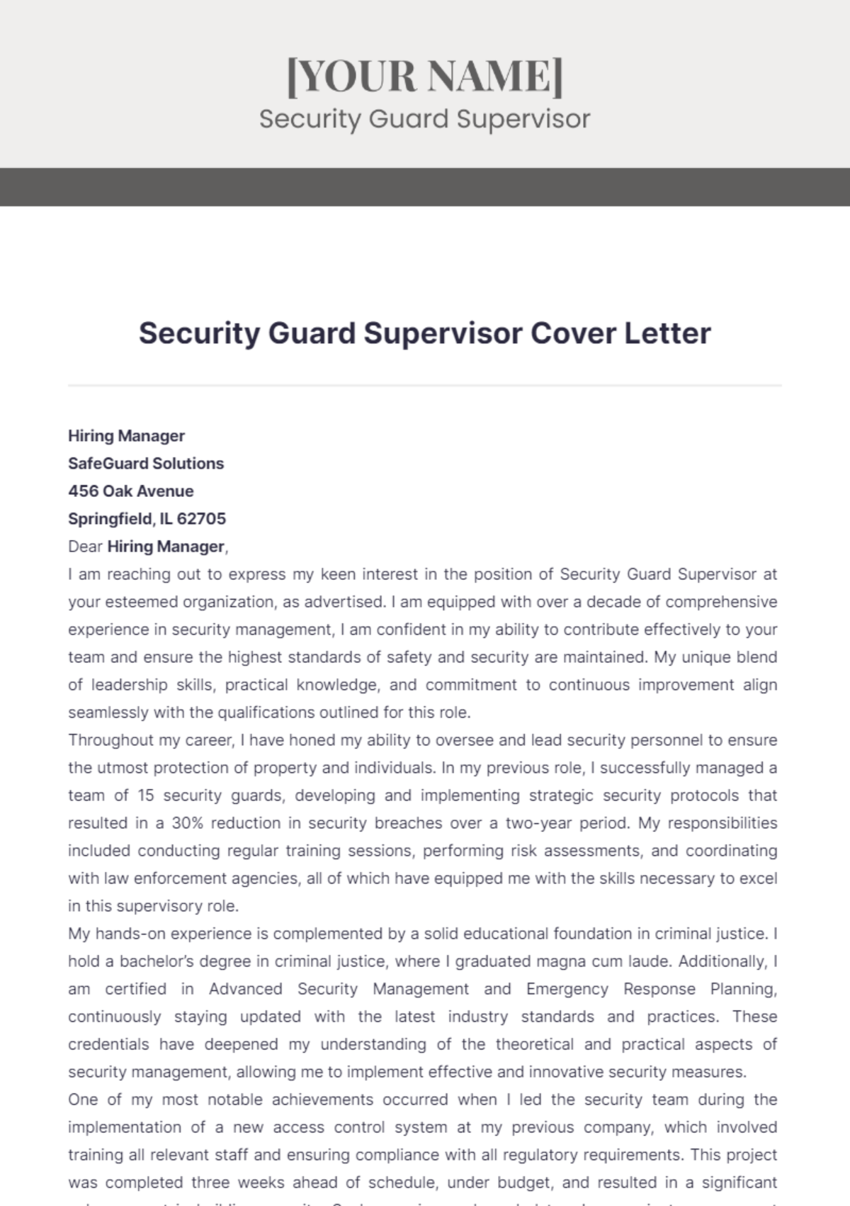 Security Guard Supervisor Cover Letter - Edit Online & Download