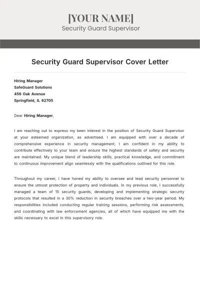 Free Security Guard Supervisor Cover Letter to Edit Online