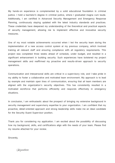 Free Security Guard Supervisor Cover Letter to Edit Online