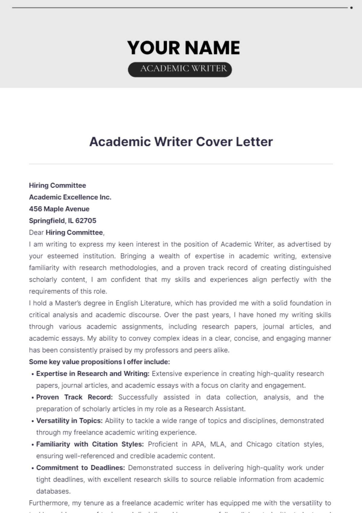 Academic Writer Cover Letter - Edit Online & Download