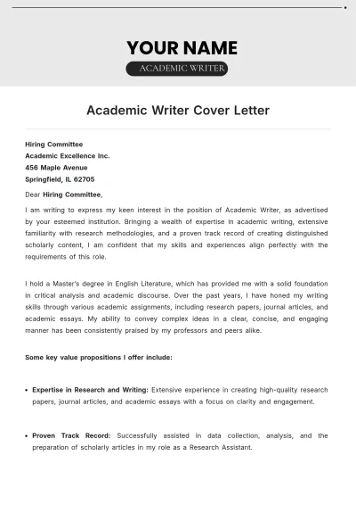 Free Academic Writer Cover Letter to Edit Online