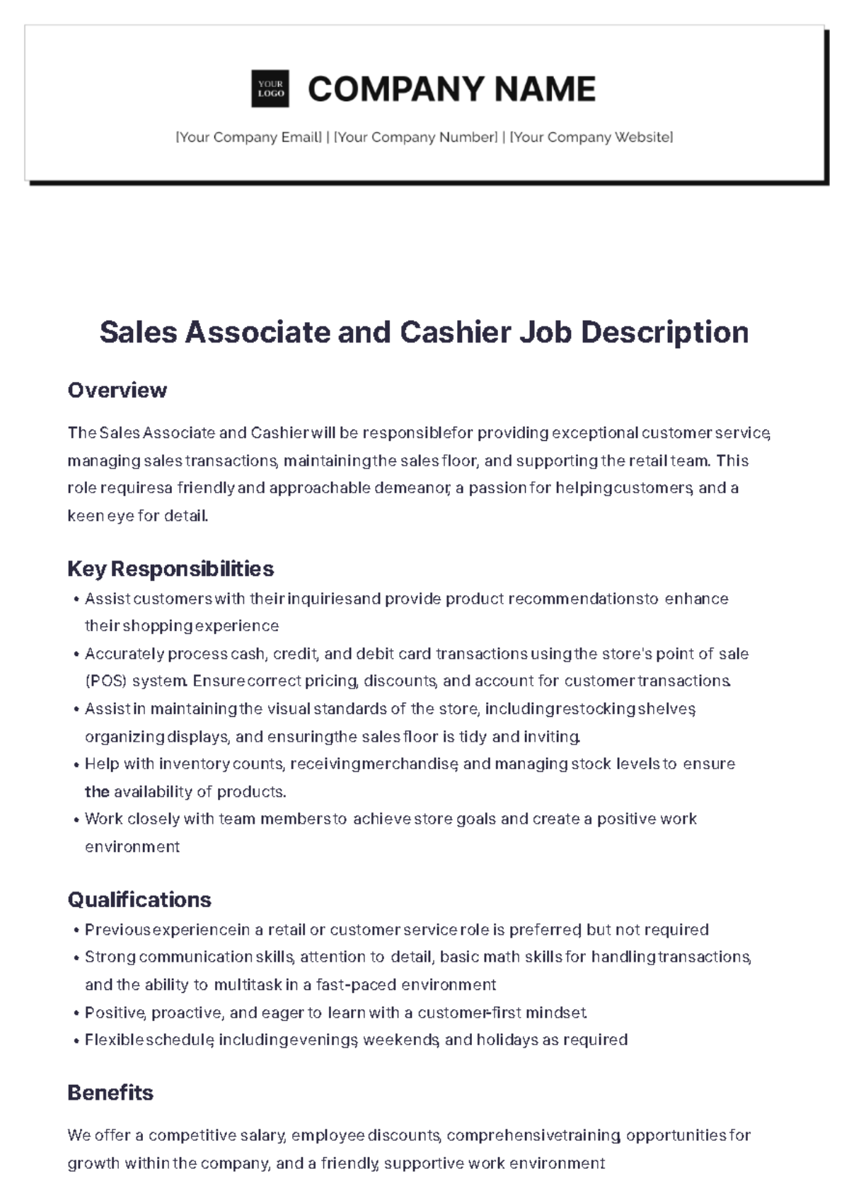 Sales Associate And Cashier Job Description - Edit Online & Download