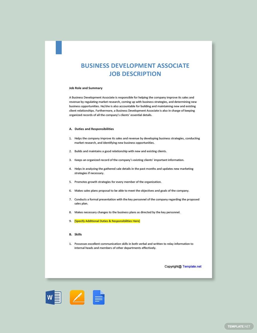 business planning associate job description