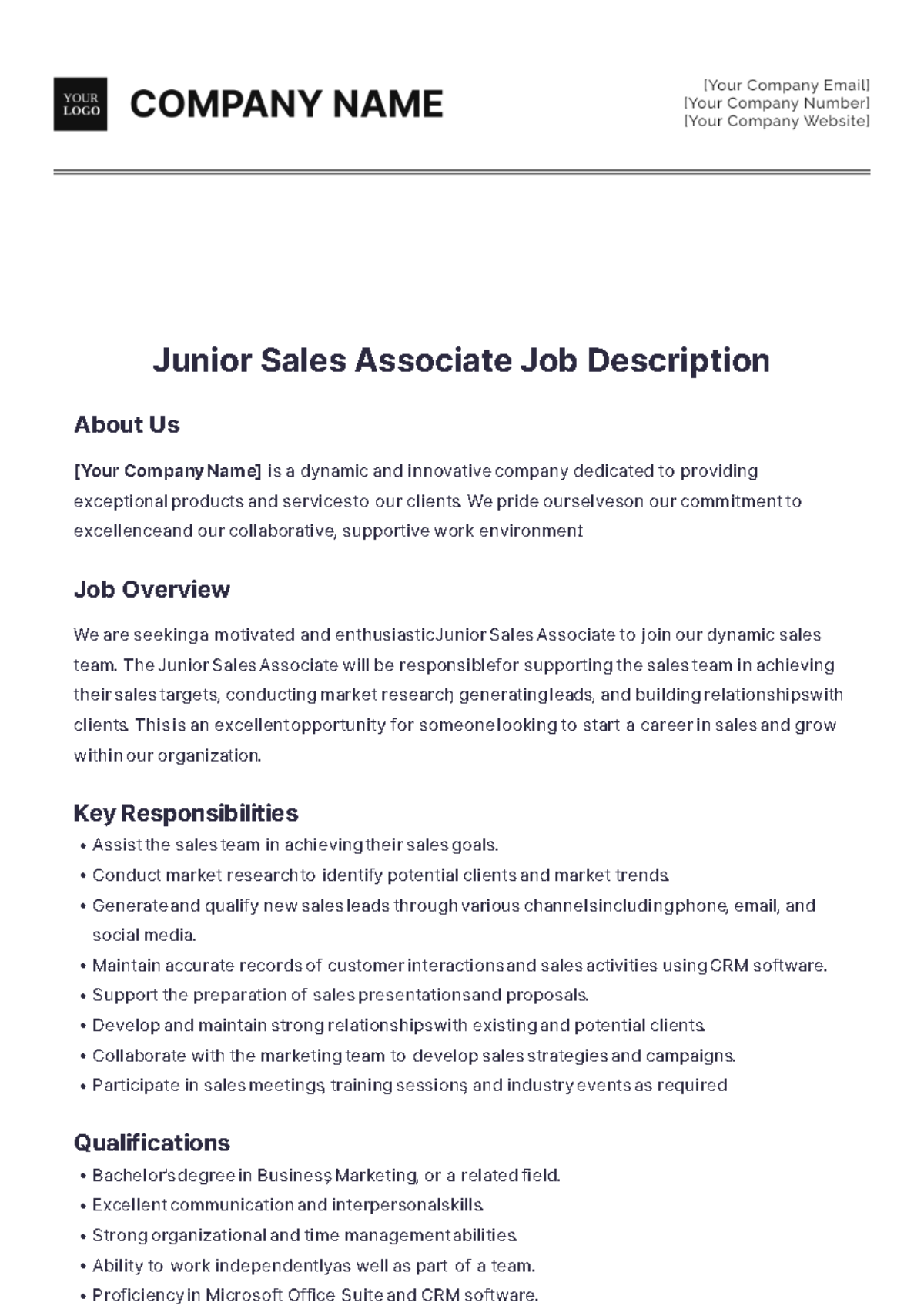 Junior Sales Associate Job Description - Edit Online & Download