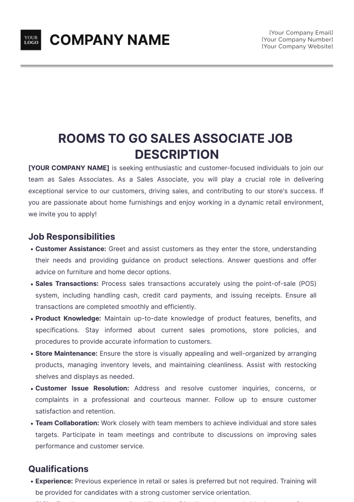 Rooms To Go Sales Associate Job Description