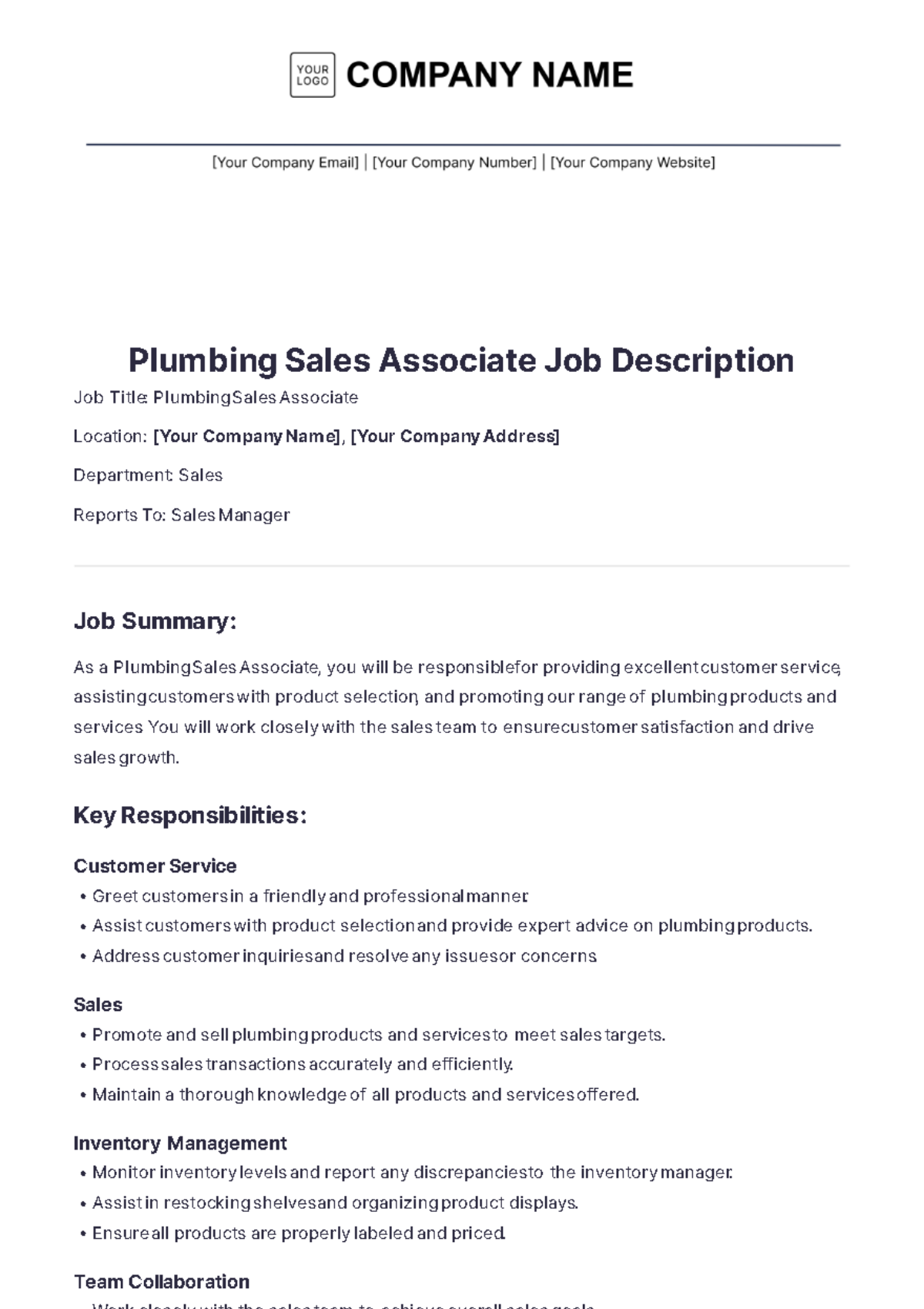 Plumbing Sales Associate Job Description - Edit Online & Download